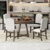 TREXM 5-Piece Retro Functional Dining Set, Round Table with a 16"W Leaf and 4 Upholstered Chairs for Dining Room and Living Room (Walnut)