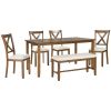 TREXM 6-Piece Kitchen Dining Table Set Wooden Rectangular Dining Table, 4 Fabric Chairs and Bench Family Furniture (Natural Cherry)