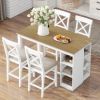 TOPMAX 60"Lx30"W Solid Wood Farmhouse Counter Height Dining Table Set with 3-Tier Storage Shelves, Upholstered Dining Chairs for 4, 5-Piece, White