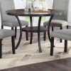 Modern Classic Dining Room Furniture Natural Wooden Round Dining Table 4x Side Chairs Gray Fabric Nail heads Trim and Storage Shelve 5pc Dining Set