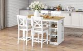 TOPMAX 60"Lx30"W Solid Wood Farmhouse Counter Height Dining Table Set with 3-Tier Storage Shelves, Upholstered Dining Chairs for 4, 5-Piece, White