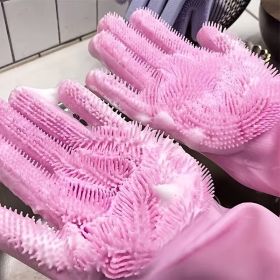 1pair Kitchen Silicone Dishwashing Gloves; Housework Cleaning Waterproof Insulation Magic Gloves; Dishwashing Brush (Color: C05OL)